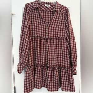 Umgee Merlot Plaid Long-Sleeve Dress NWOT